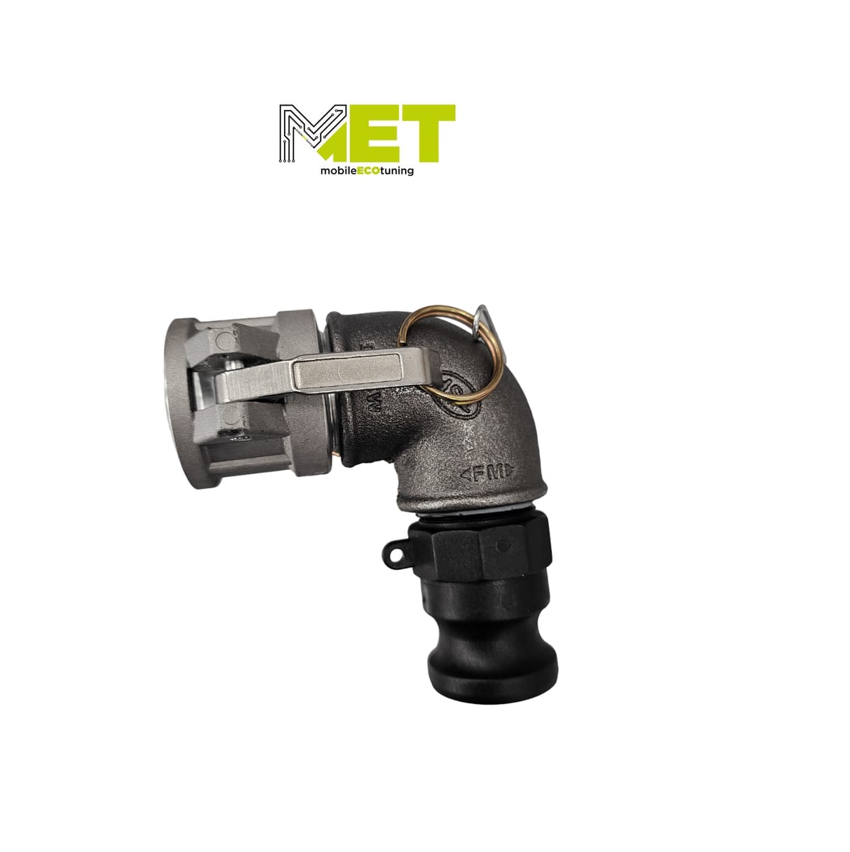 A 90-degree camlock elbow with a lever coupling at one end and a male camlock fitting at the other