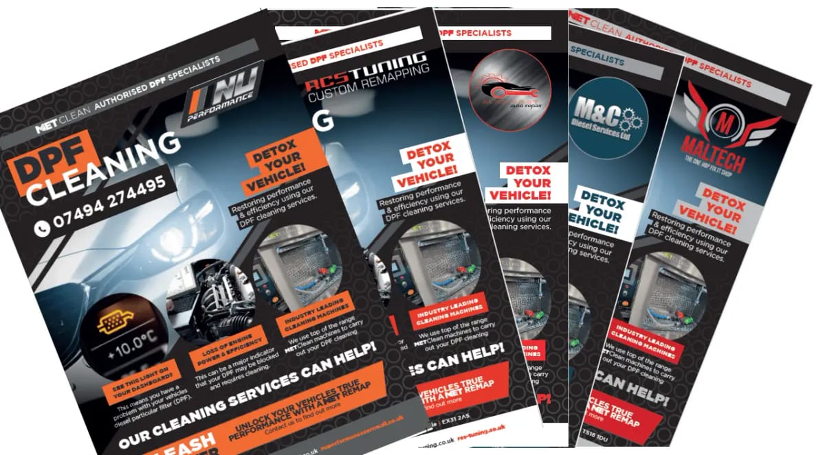 A fan of printed DPF cleaning leaflets customised for different workshops