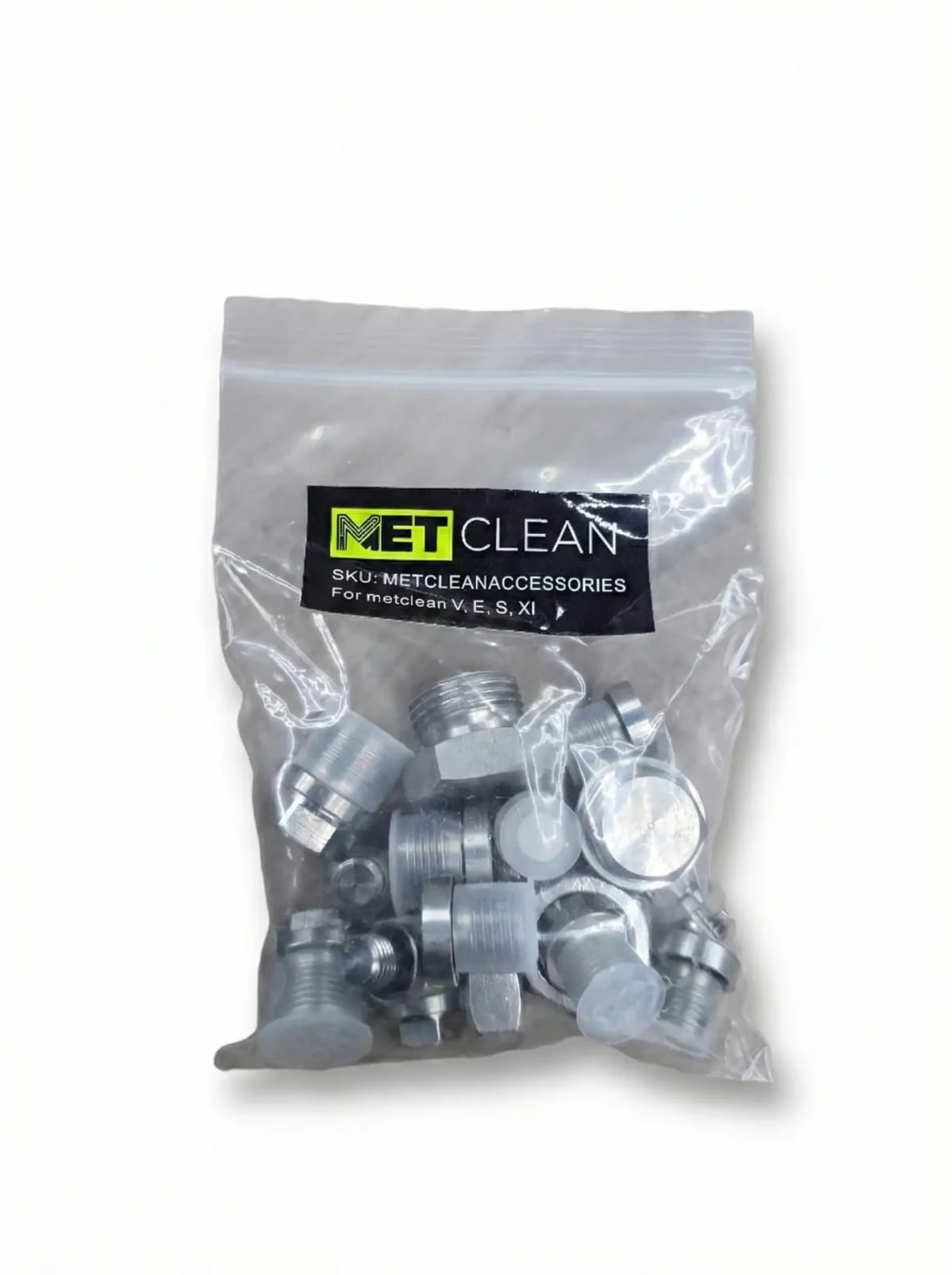 A bag of assorted grey blanking plugs and caps with a METClean label