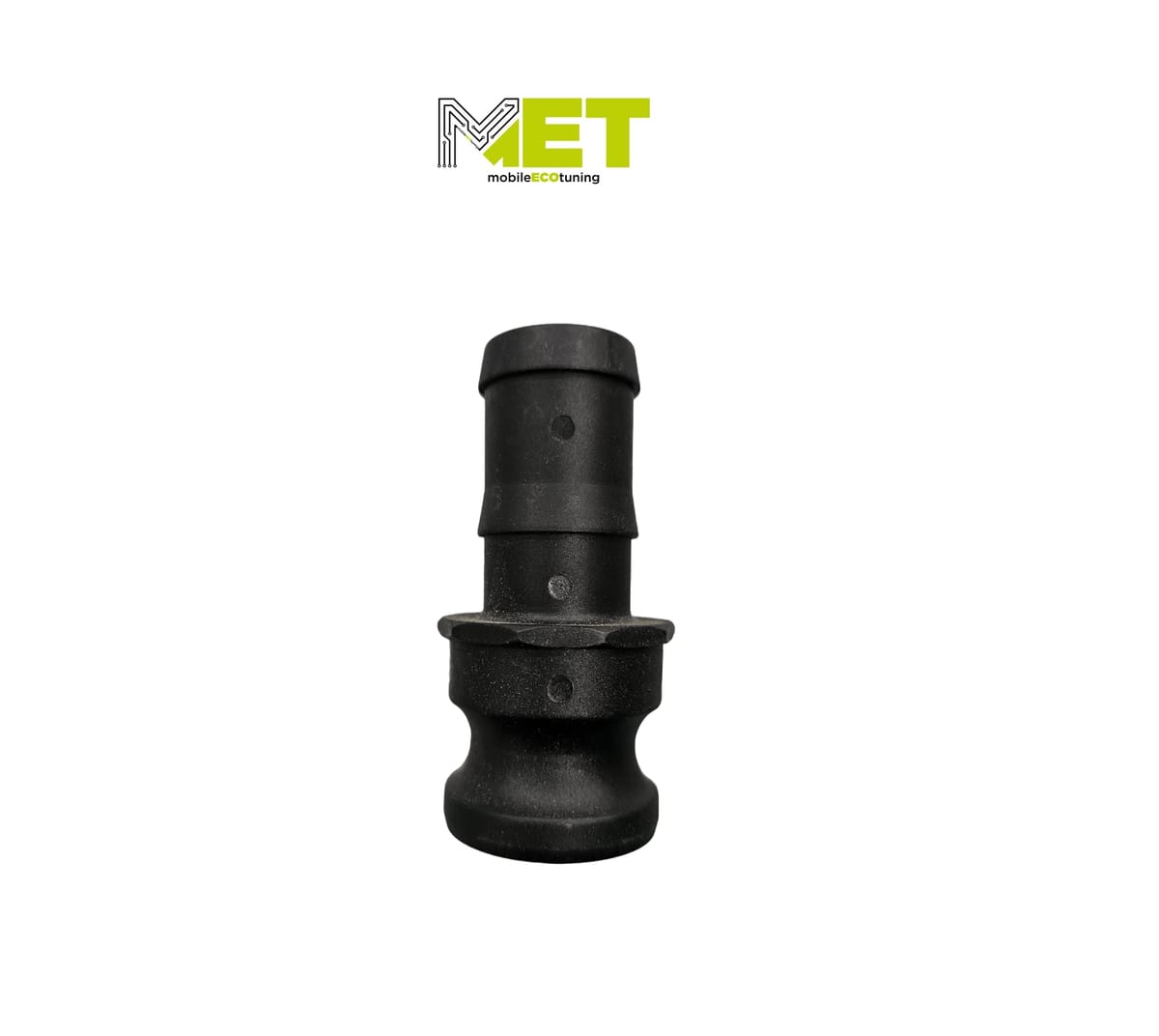 A black straight camlock adapter with a hose tail