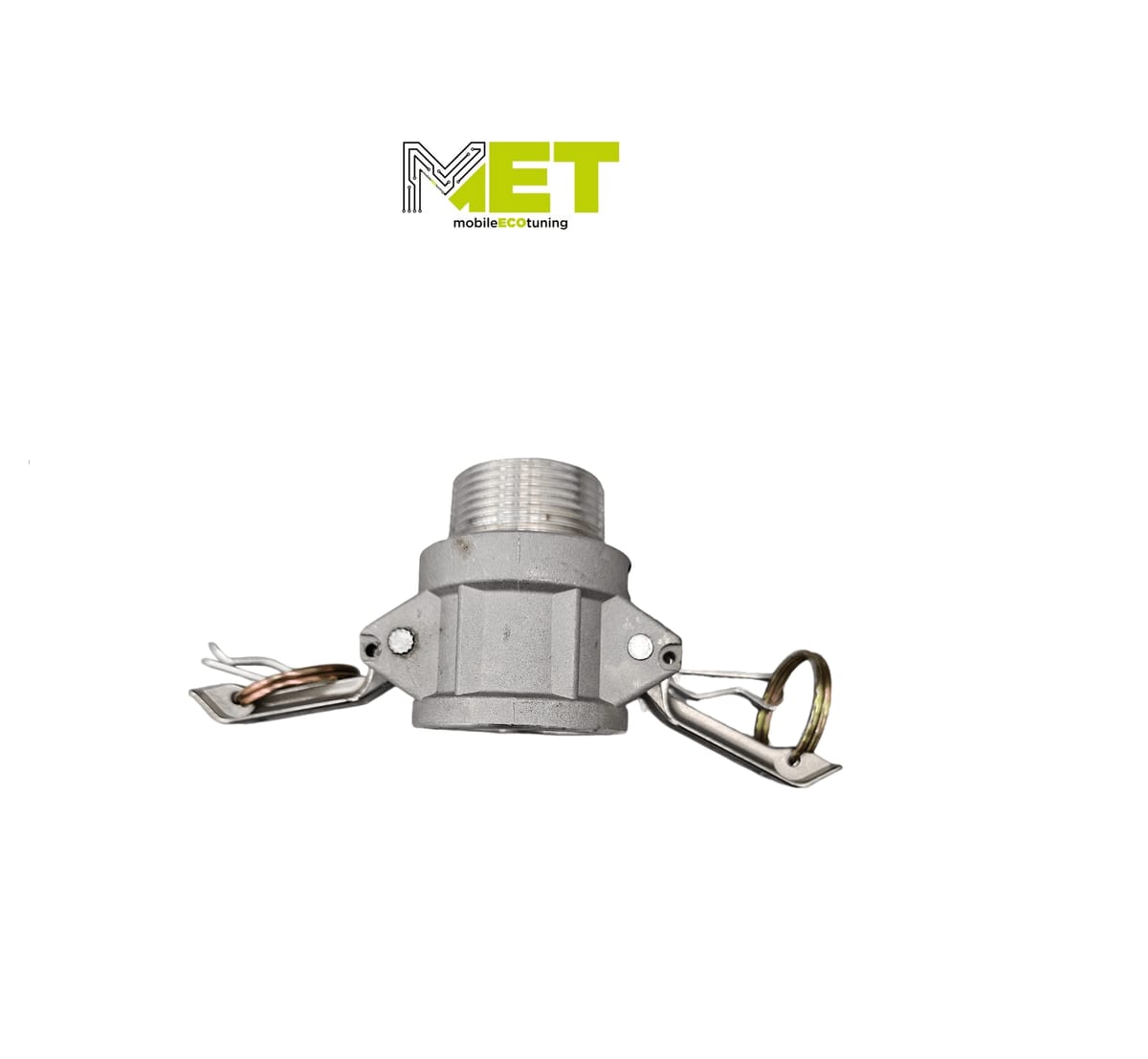 A metal female camlock coupling with its two locking levers open