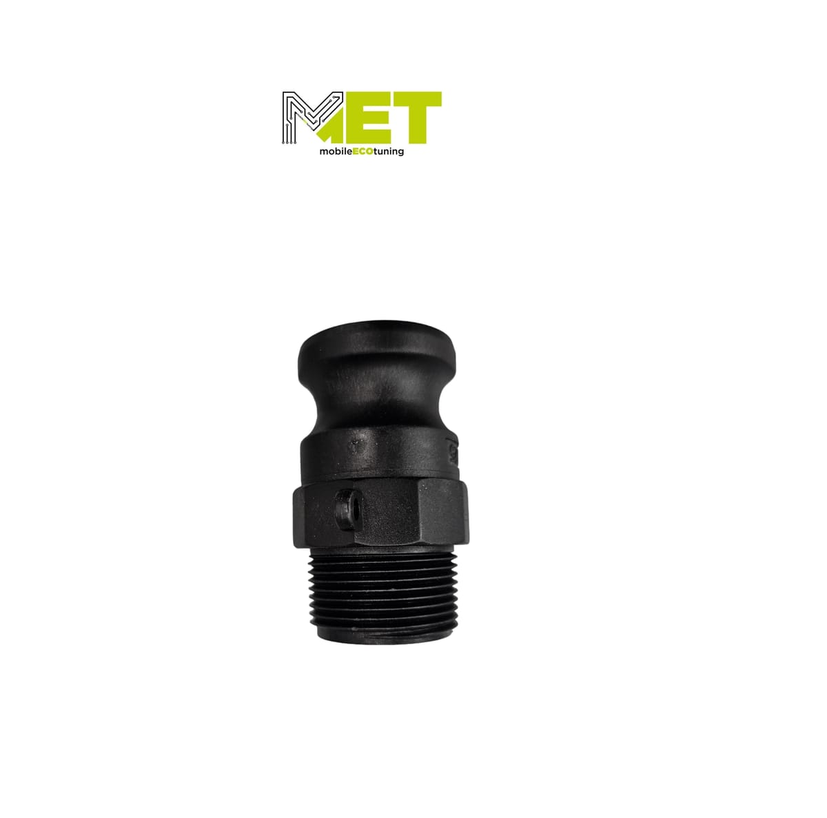 A black male camlock adapter with a threaded end