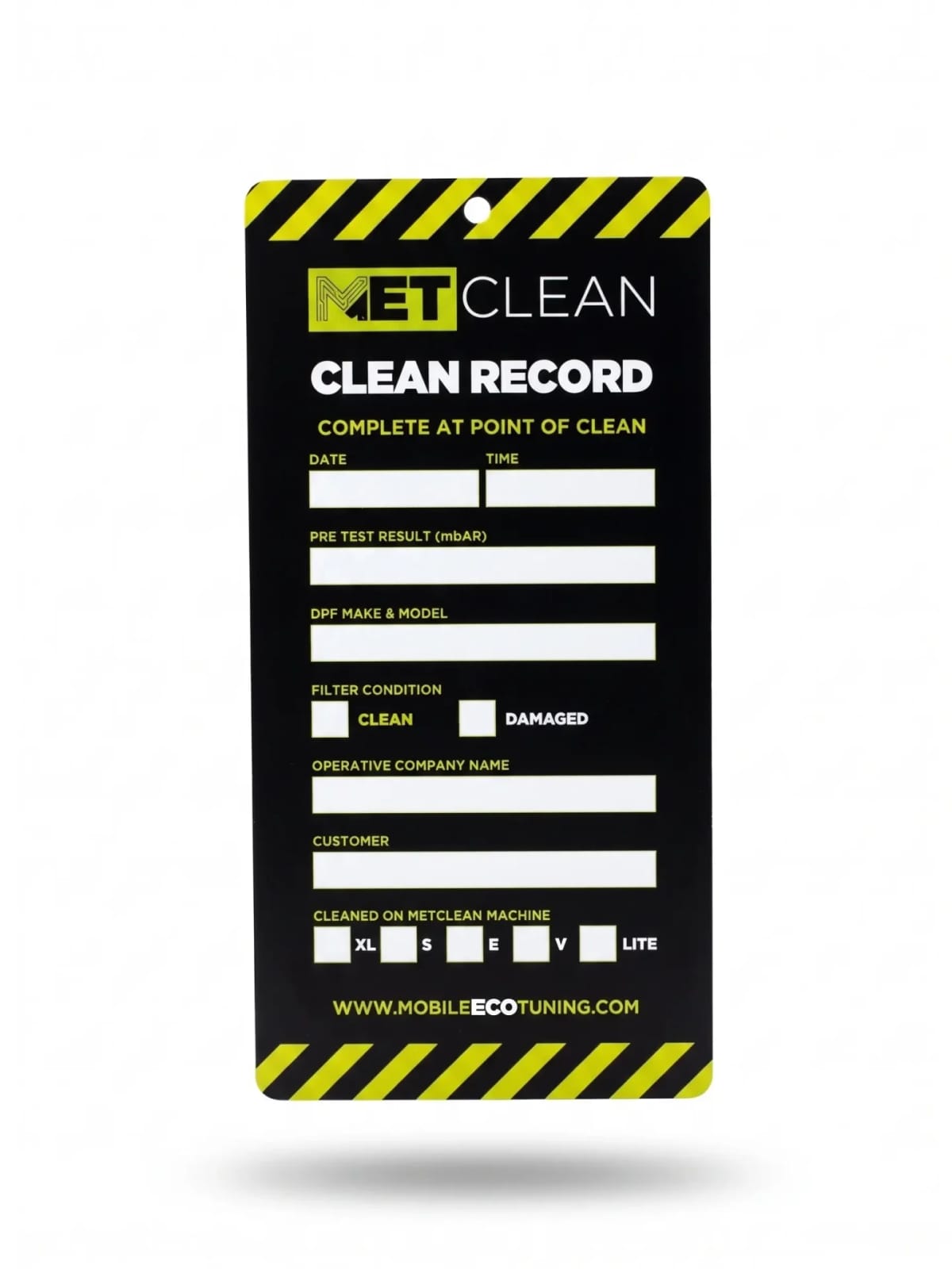 The front of a METClean clean record card, with fields for the pre-test result, filter condition, company, customer and machine