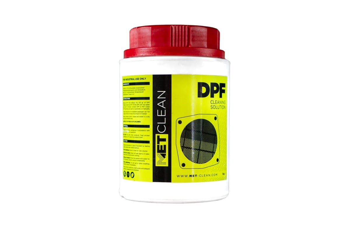 A tub of METClean DPF cleaning solution with a red lid