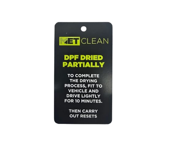 A black METClean tag telling the customer the DPF is only partly dried and what to do next