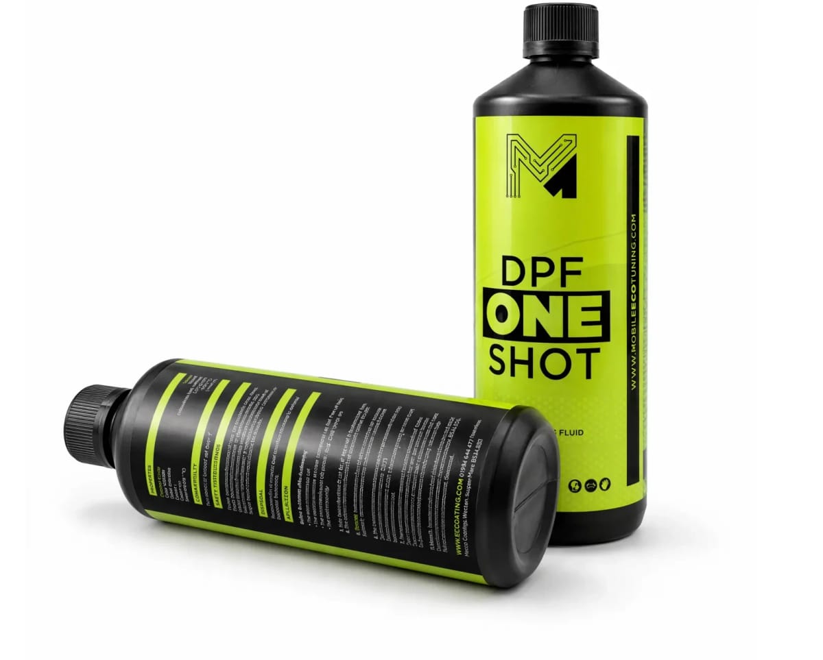 Two black bottles of DPF One Shot cleaning fluid with lime labels, one standing and one lying down