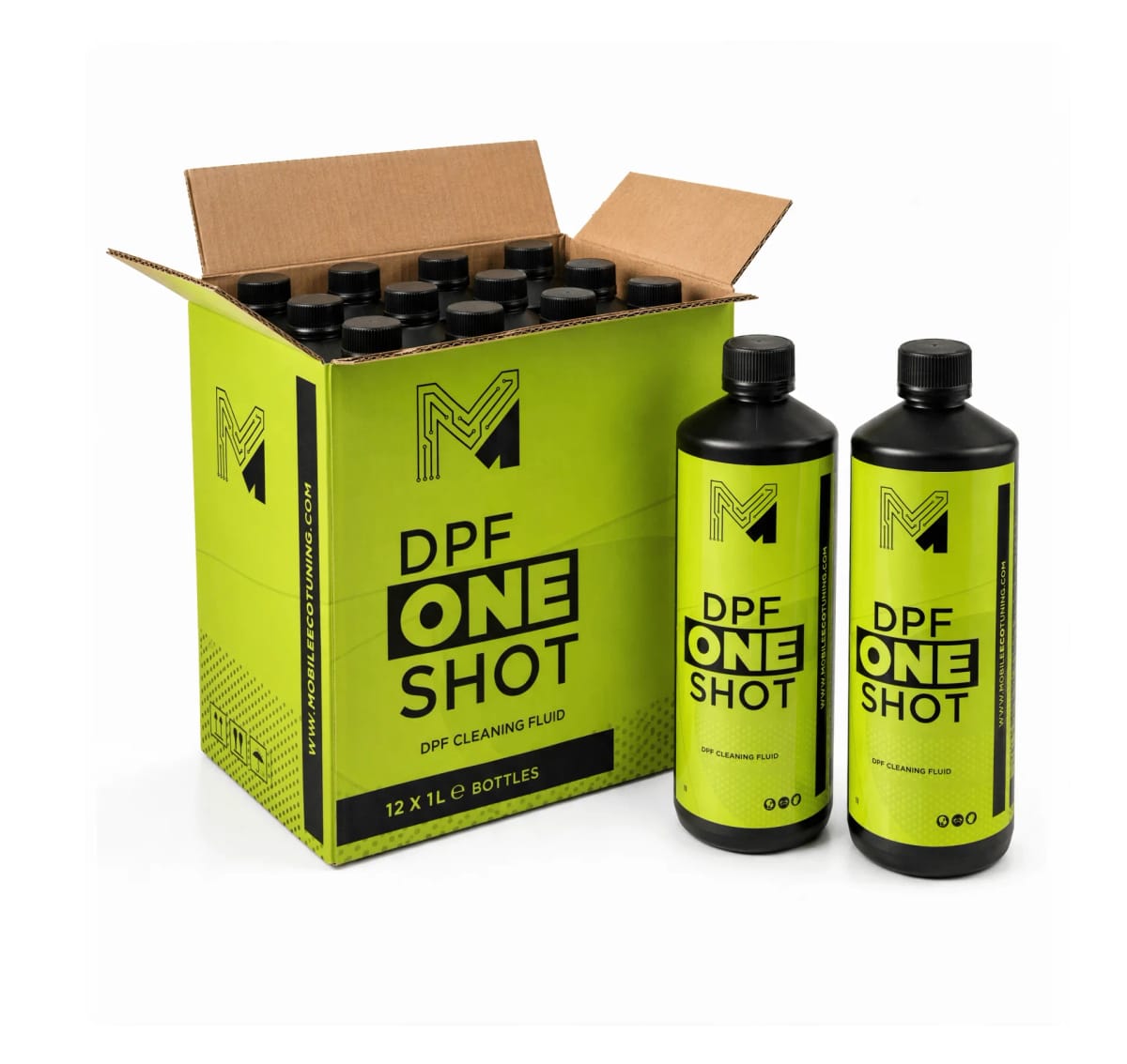 An open lime case of twelve DPF One Shot bottles beside two single bottles