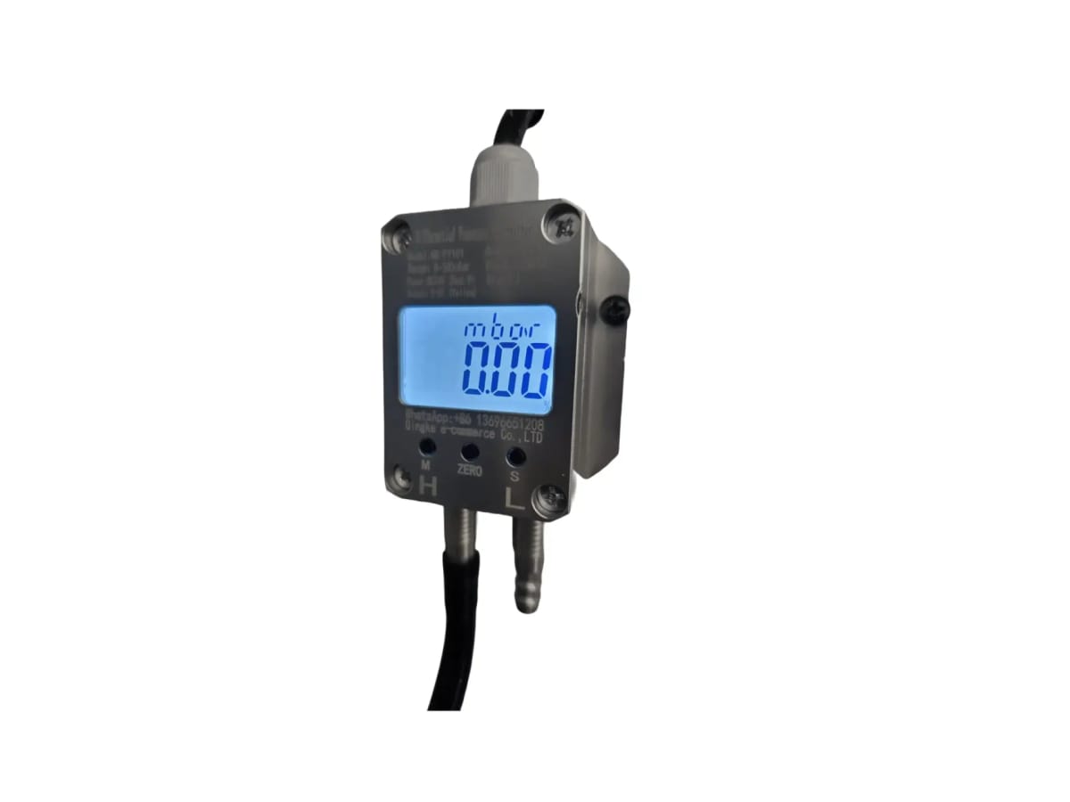 A digital differential pressure gauge with two pressure ports, reading in millibar