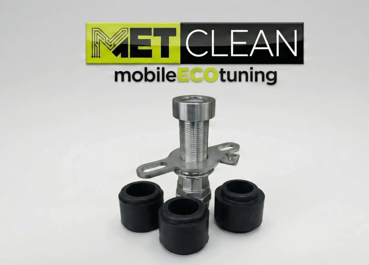 A stainless universal DPF adapter with three black expanding rubber seals