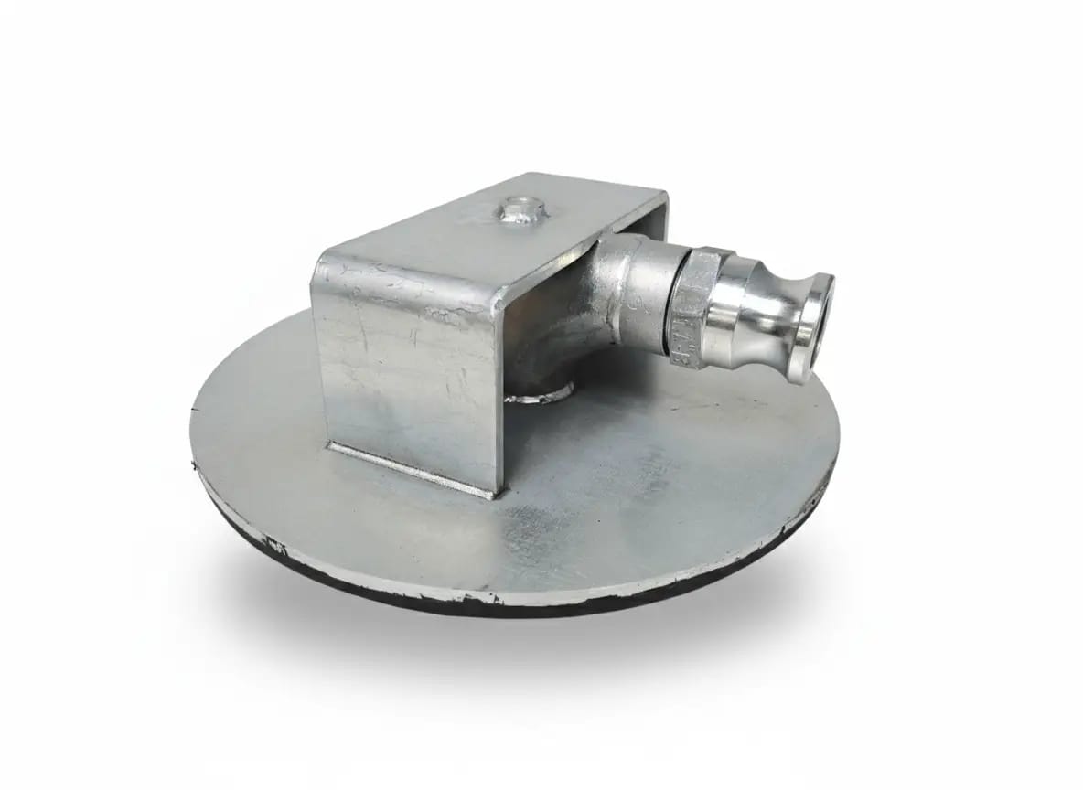 A round metal adapter plate with a bracket and a camlock connection