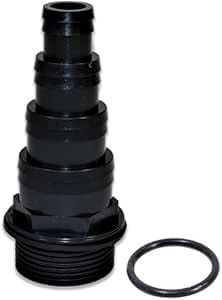 A black stepped hose-tail drain adapter with its sealing ring