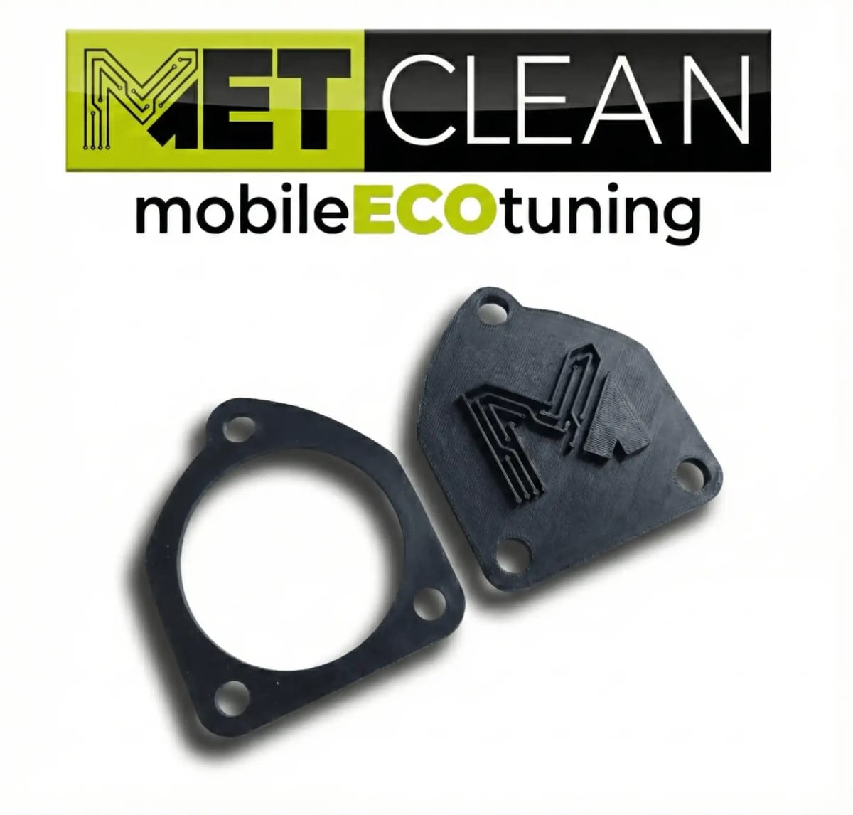 A black blanking plate and gasket shaped to the flange of a VAG Euro 6 filter